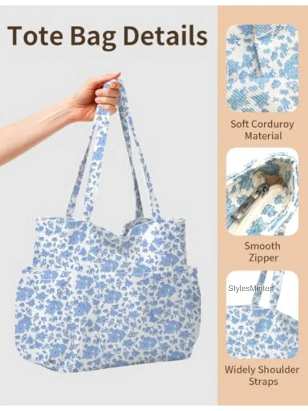 Corduroy Tote Bag with Zipper, Large Shoulder Handbag with Pockets for Work